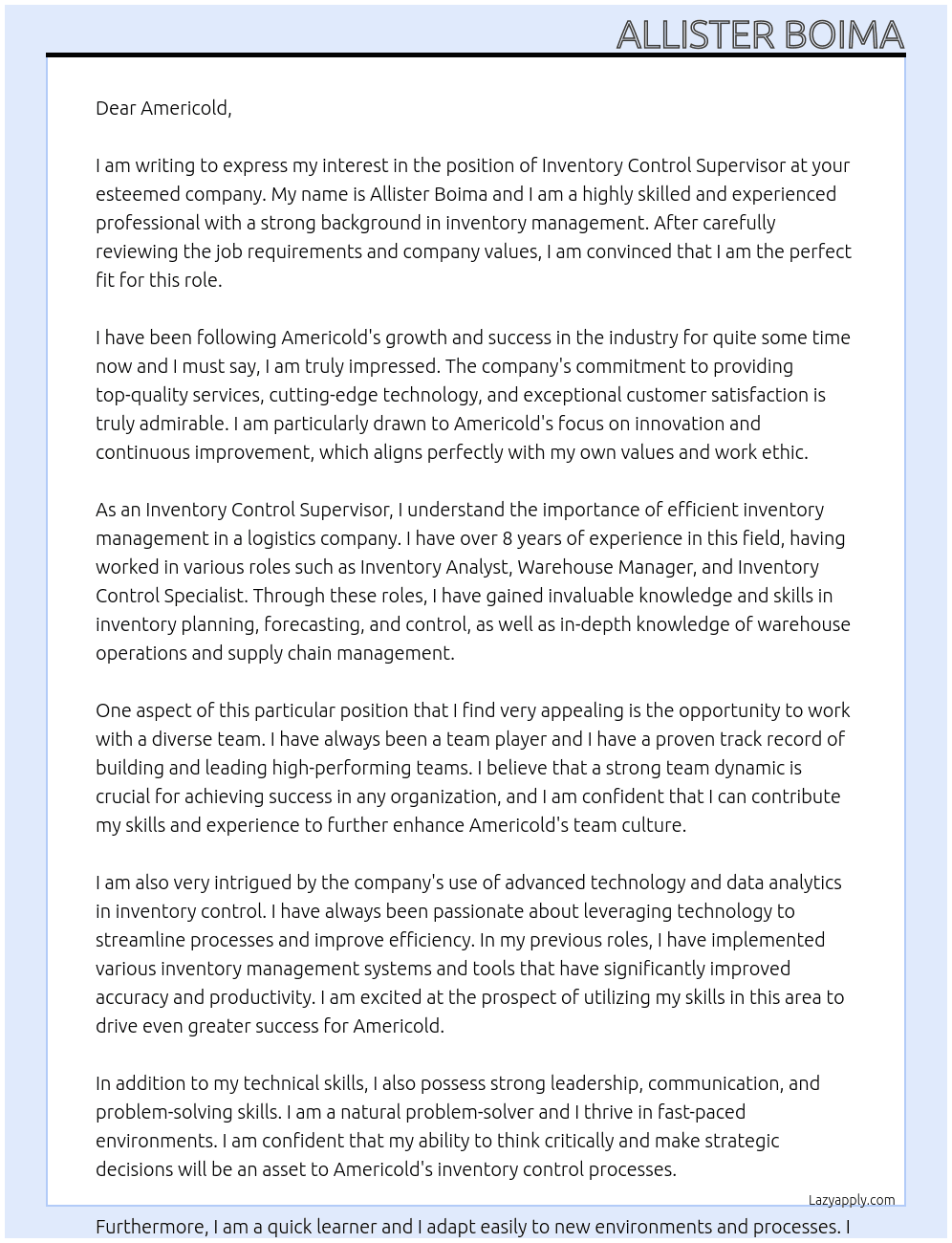 Inventory Control Supervisor At Americold Cover Letter