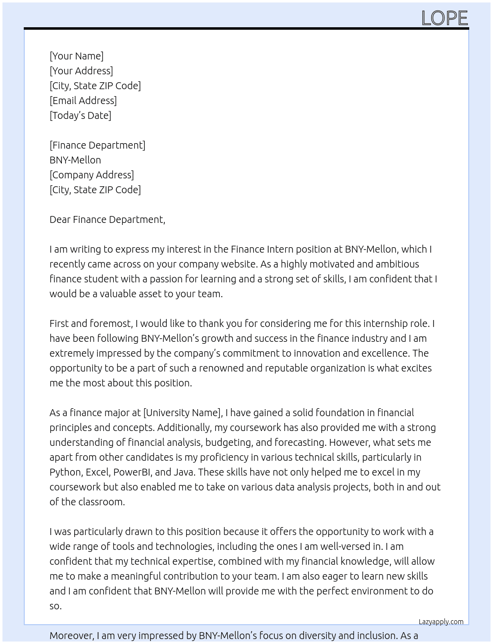 Finance Intern At BNY-Mellon Cover Letter