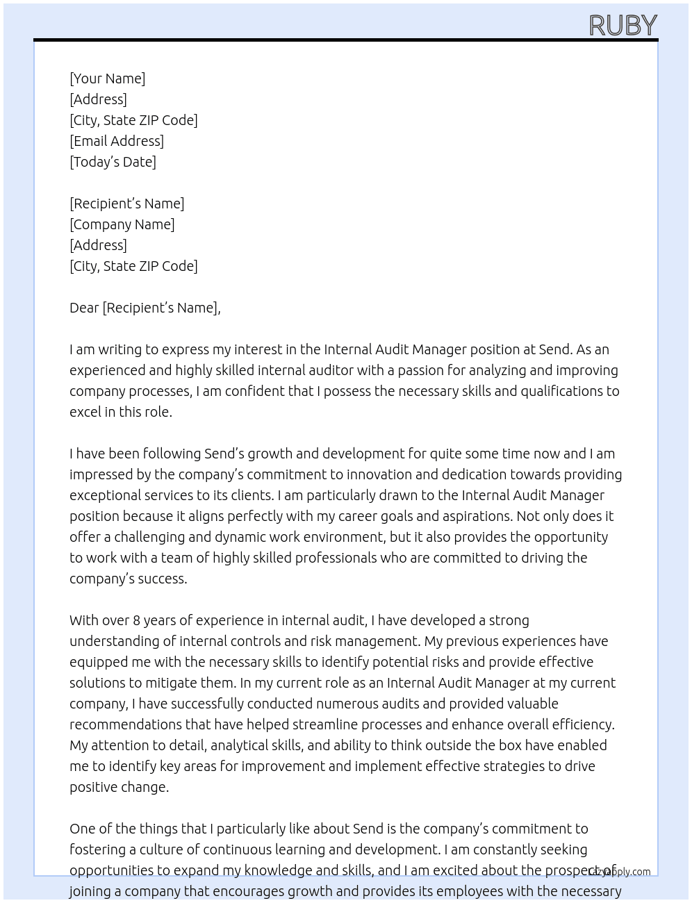internal audit manager At Send Cover Letter