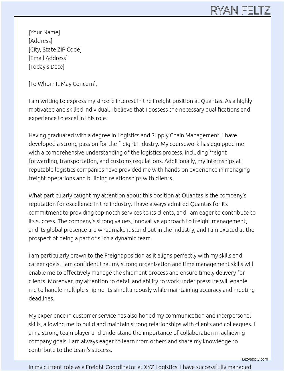 Freight At Quantas Cover Letter
