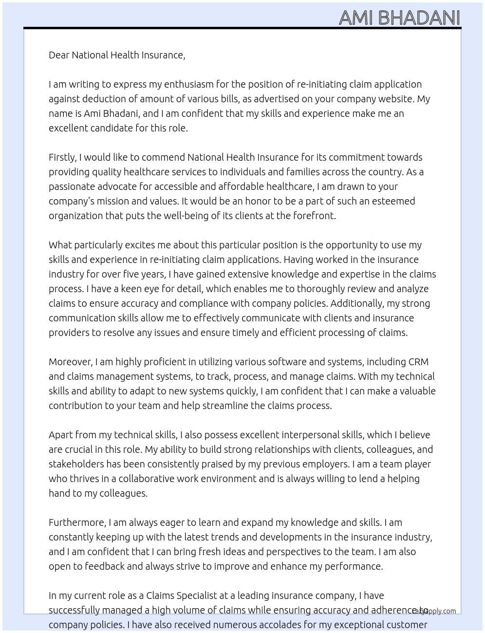 re-initiate claim application against deduction of amount of various bills At National Health Insurance Cover Letter