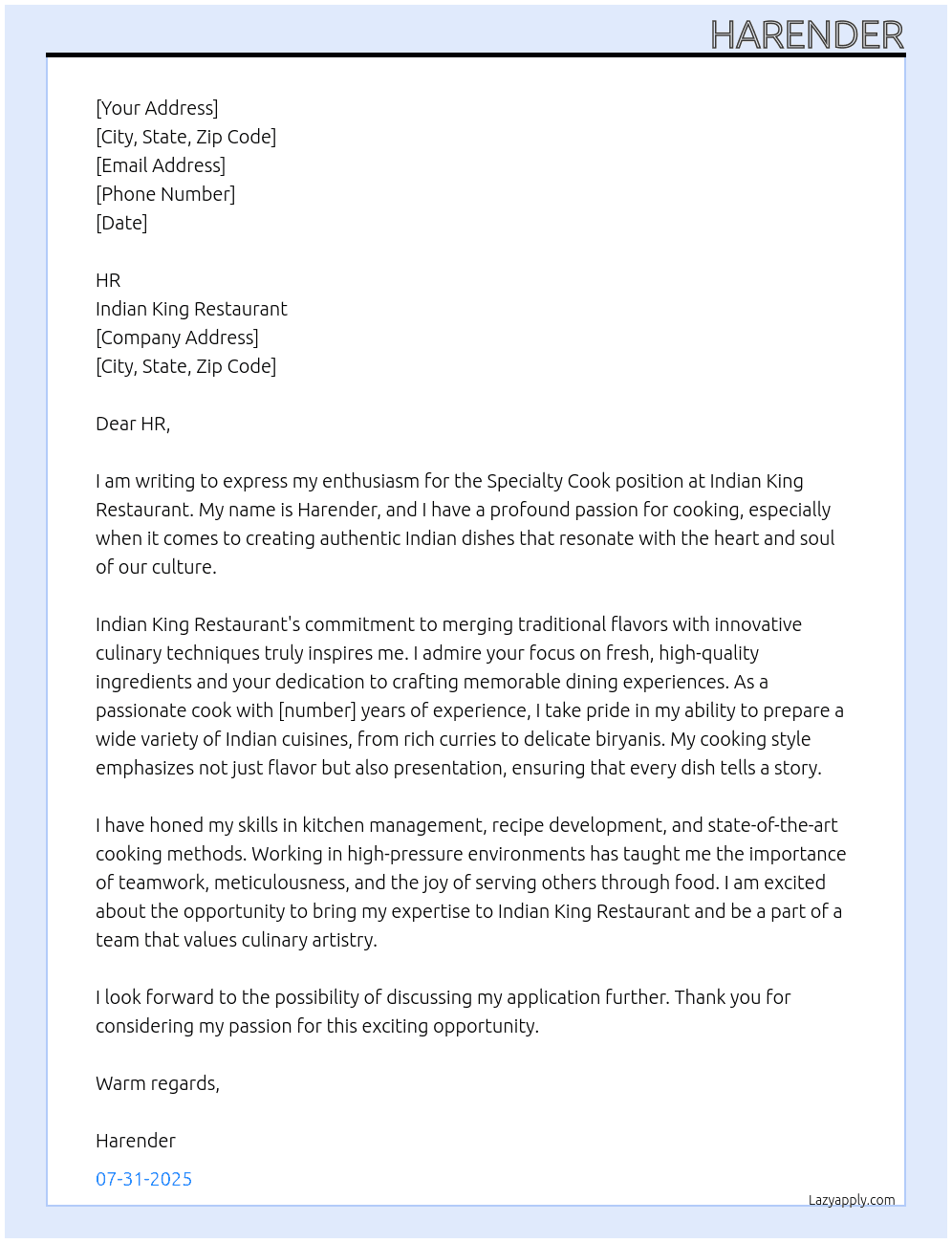 Speciality cook At  Indian king Restaurant  Cover Letter