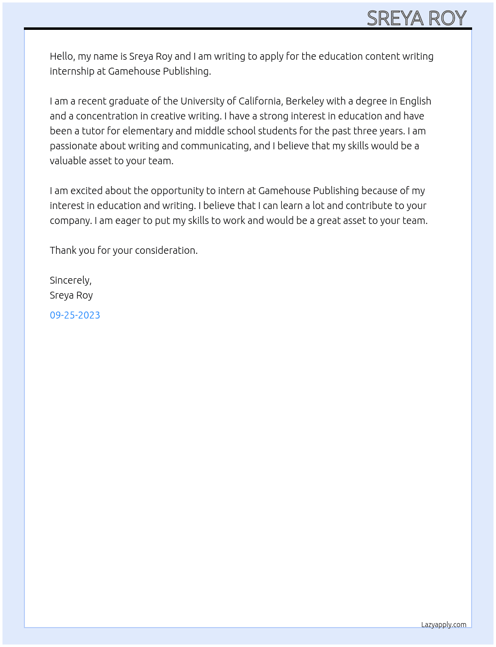 Education content writing internship  At Gamehouse publishing  Cover Letter