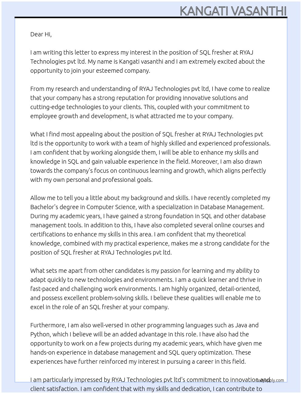 SQL fresher  At RYAJ Technologies pvt ltd  Cover Letter