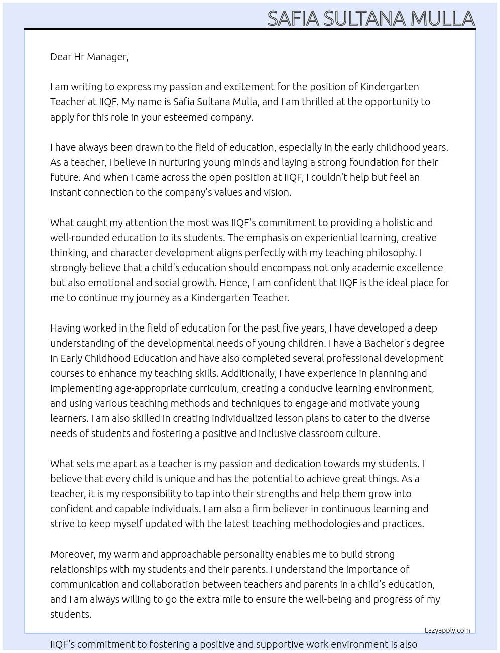 Kindergarten teacher At IIQF Cover Letter