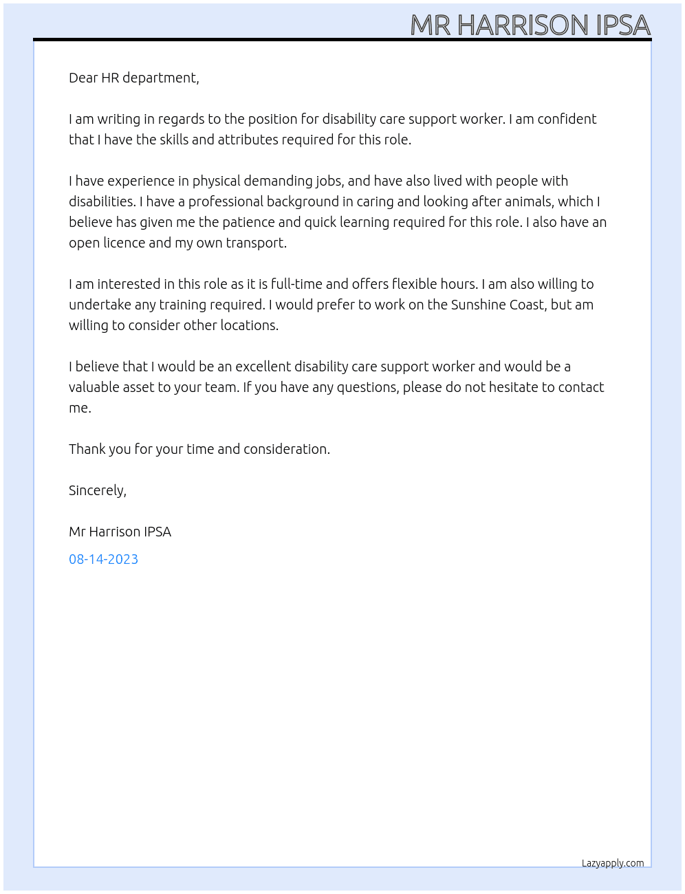 Disability care support worker At Lifestyle supports Cover Letter