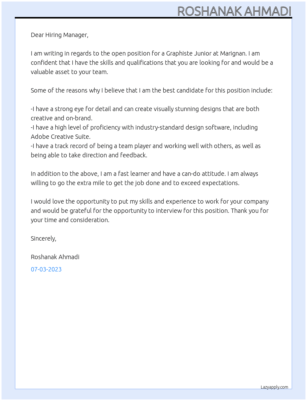 Graphiste Junior At Marignan  Cover Letter