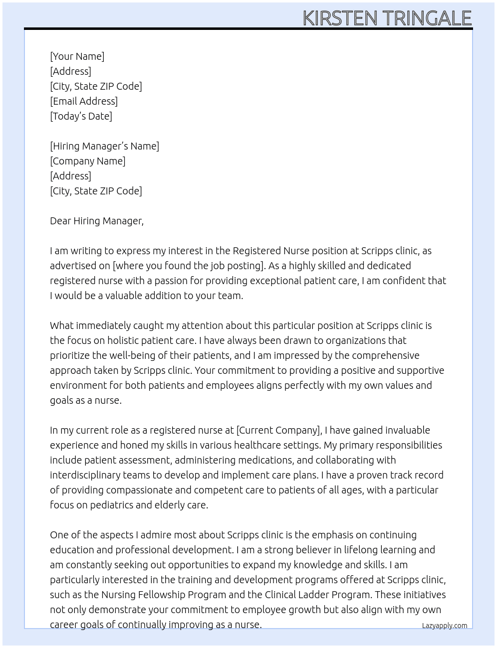Registered Nurse At Scripps clinic  Cover Letter