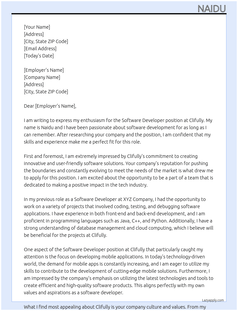 softwaredeveloper At clifully Cover Letter