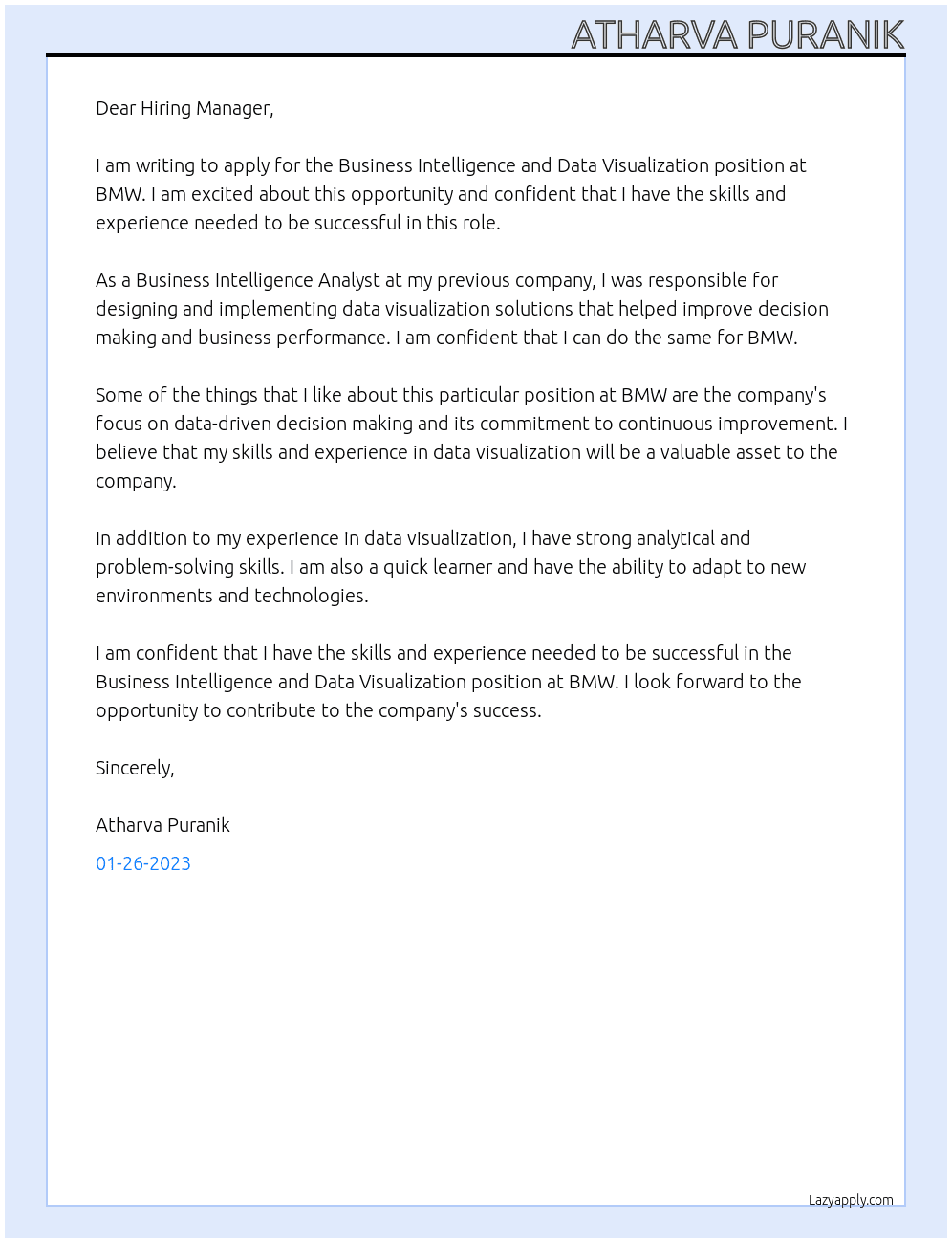 Cover letter for business intelligence and data visualization - LazyApply
