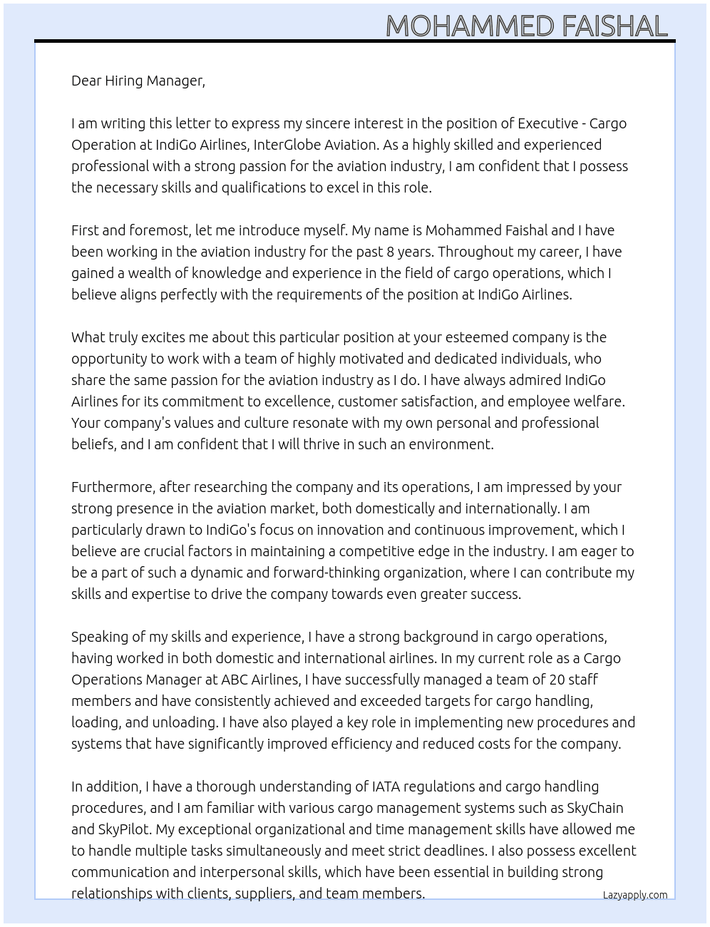 Executive - Cargo operation  At IndiGo Airlines,InterGlobe, Aviation, Cover Letter