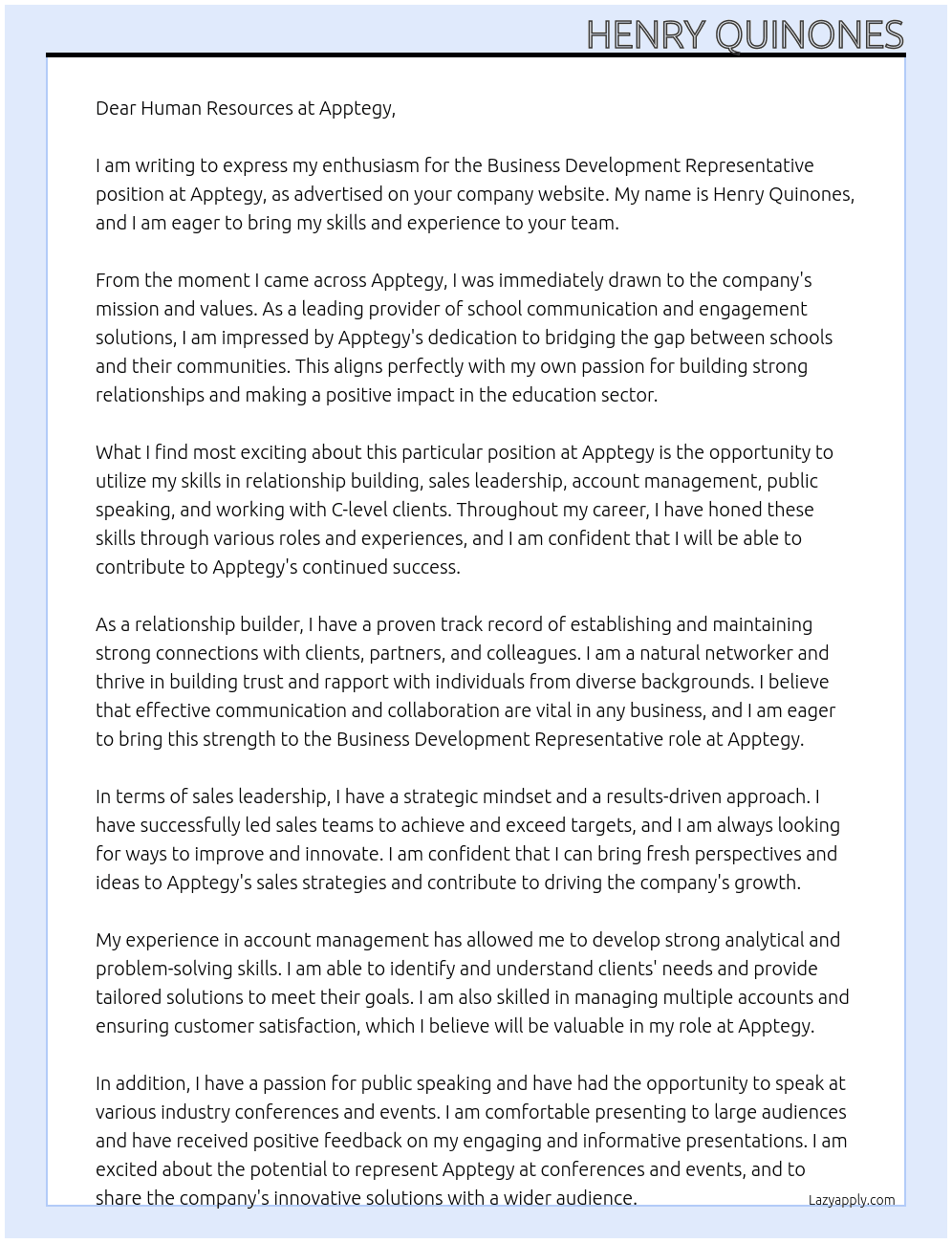 Business Development Representative At Apptegy Cover Letter