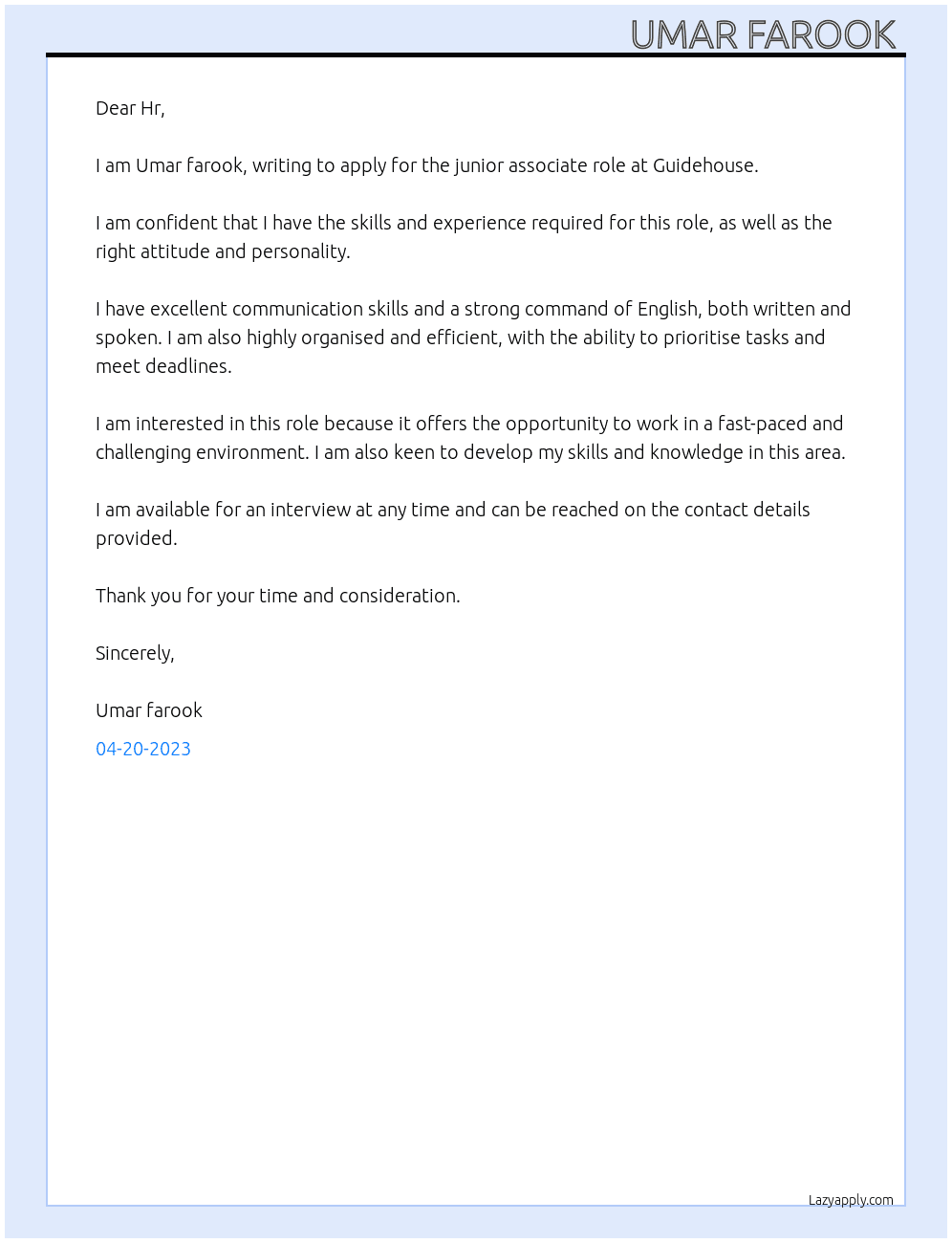 Junior associate  At Guidehouse  Cover Letter