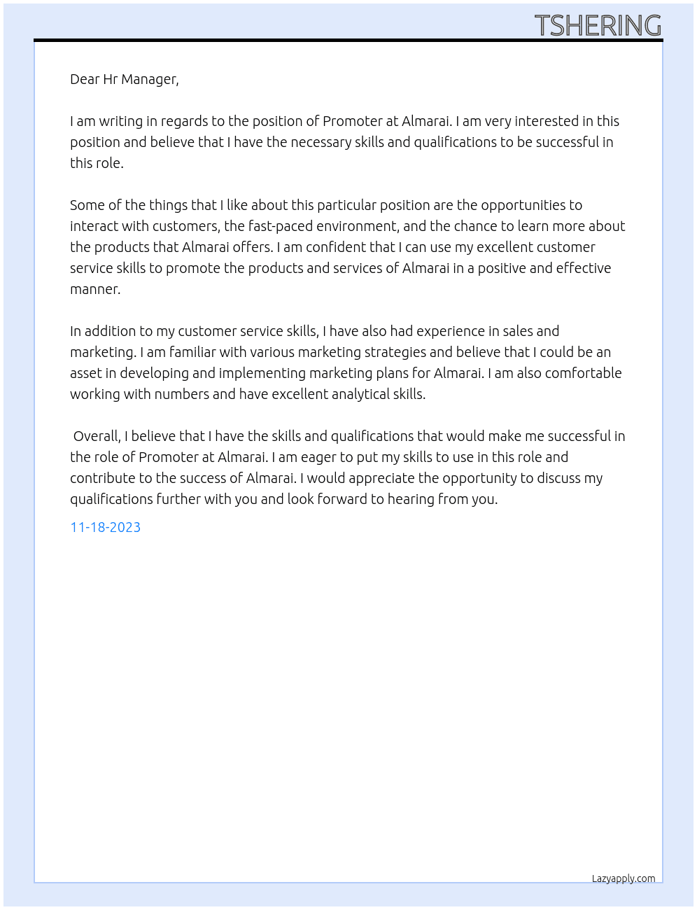 Promoter  At Almarai Cover Letter