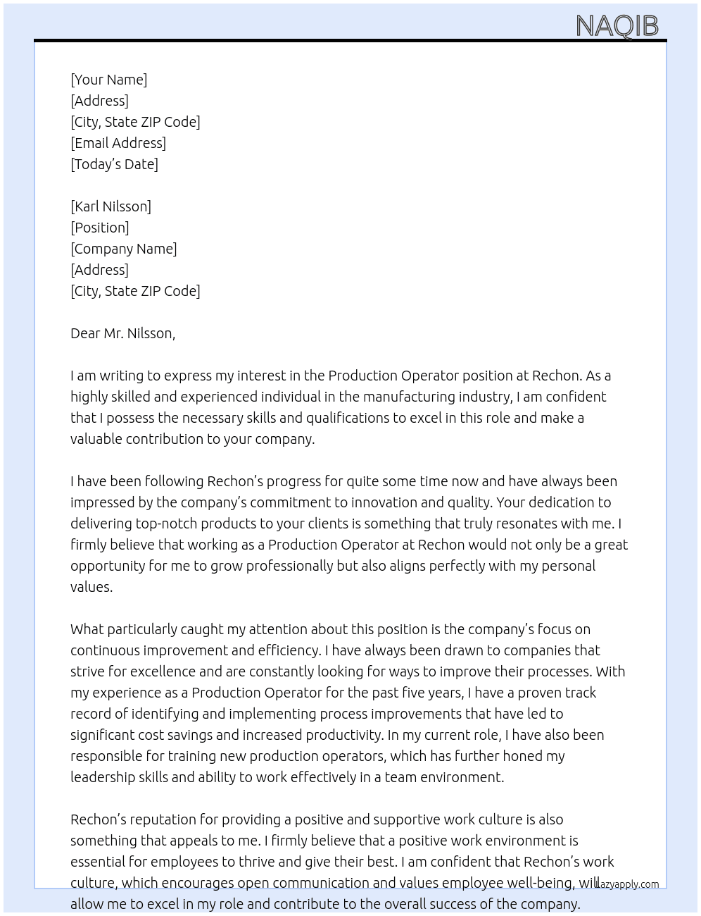 Production operator  At Rechon Cover Letter