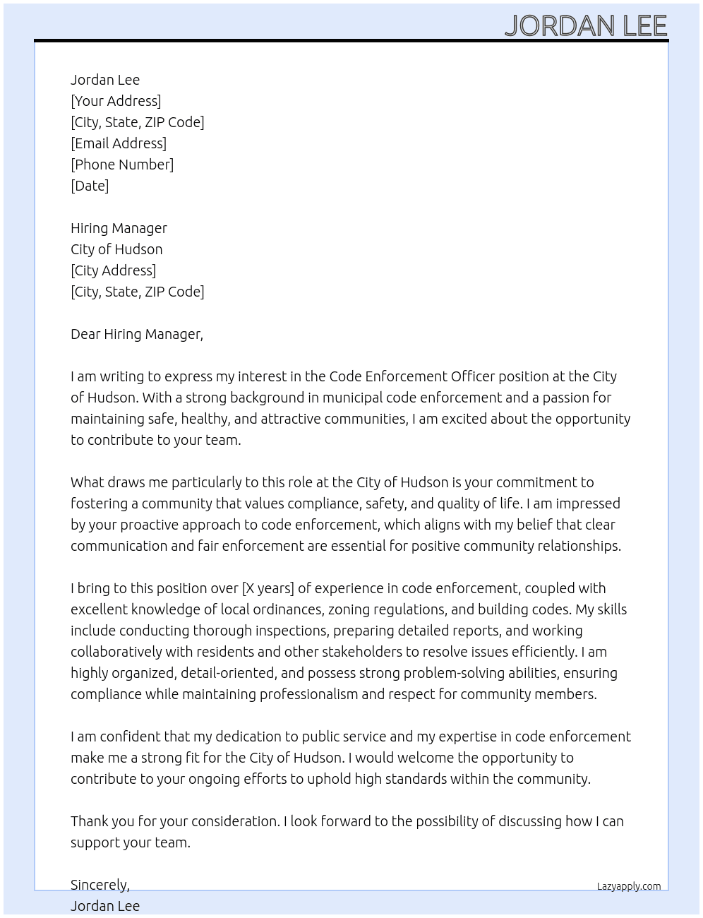Code Enforcement Officer  At City of Hudson  Cover Letter