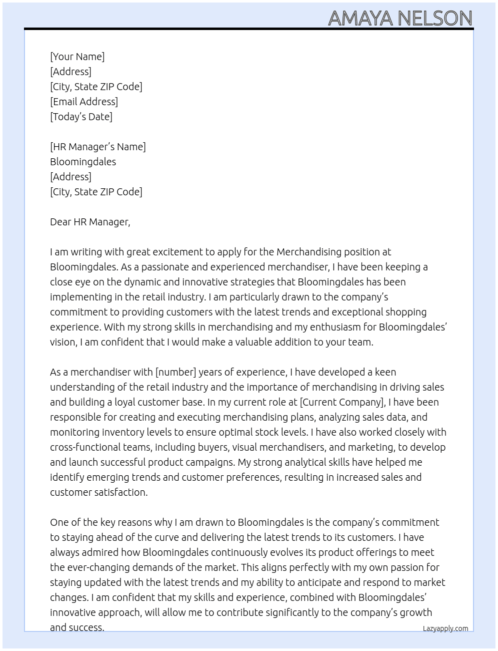 Merchandising  At Bloomingdales Cover Letter