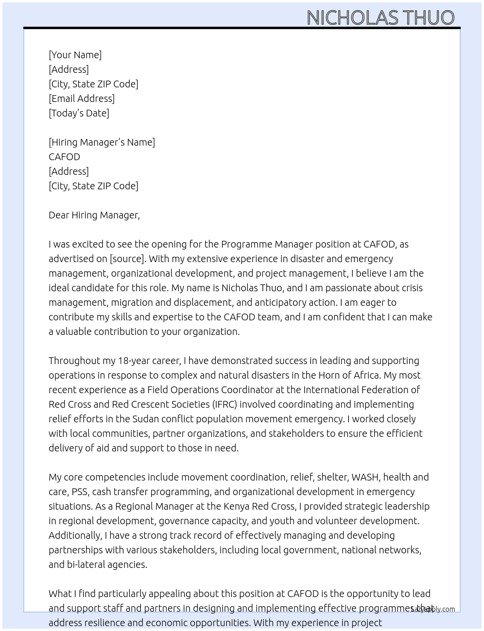Programme Manager - Resilience & Economic Opportunities At CAFOD  Cover Letter