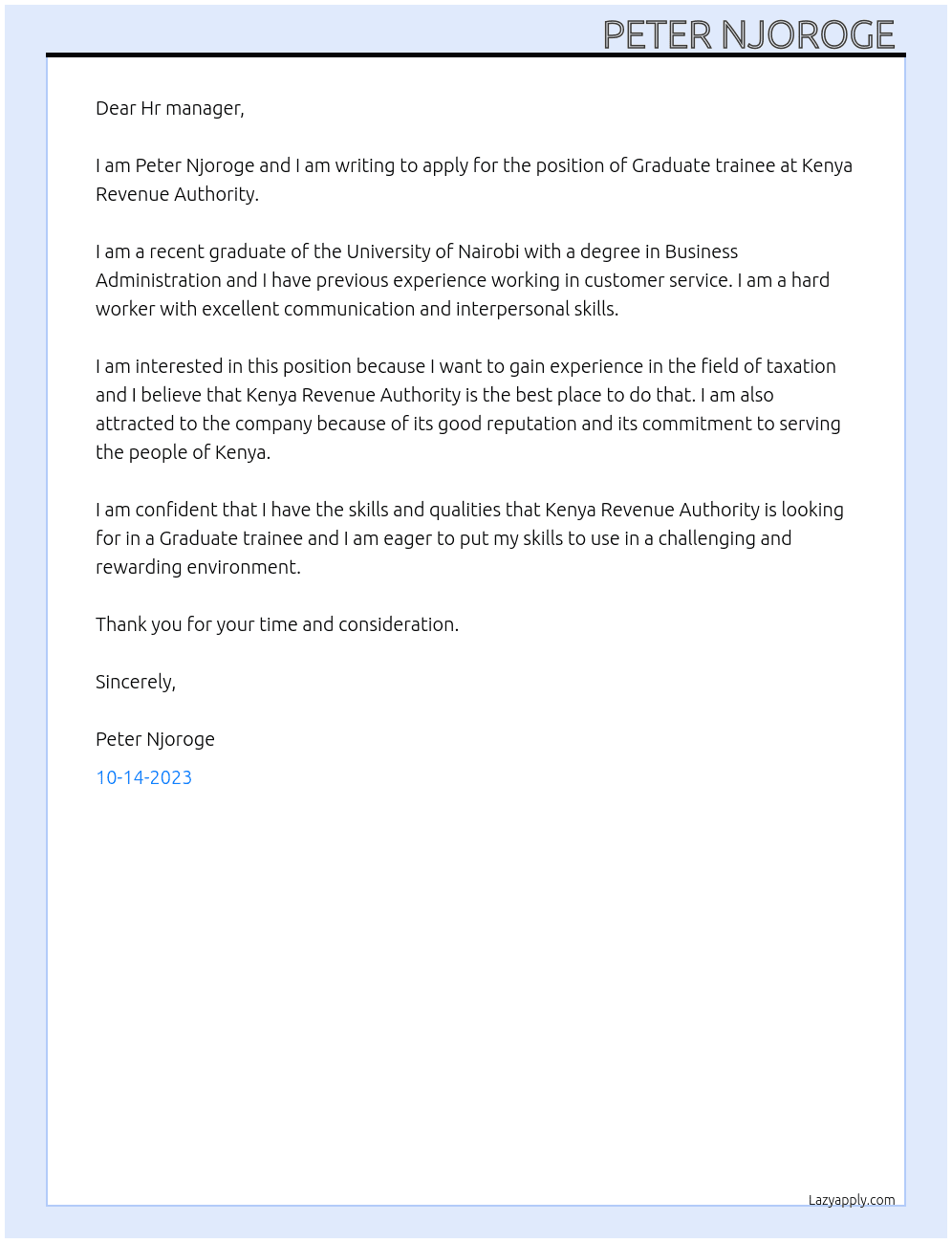 Graduate trainee At Kenya revenue authority  Cover Letter