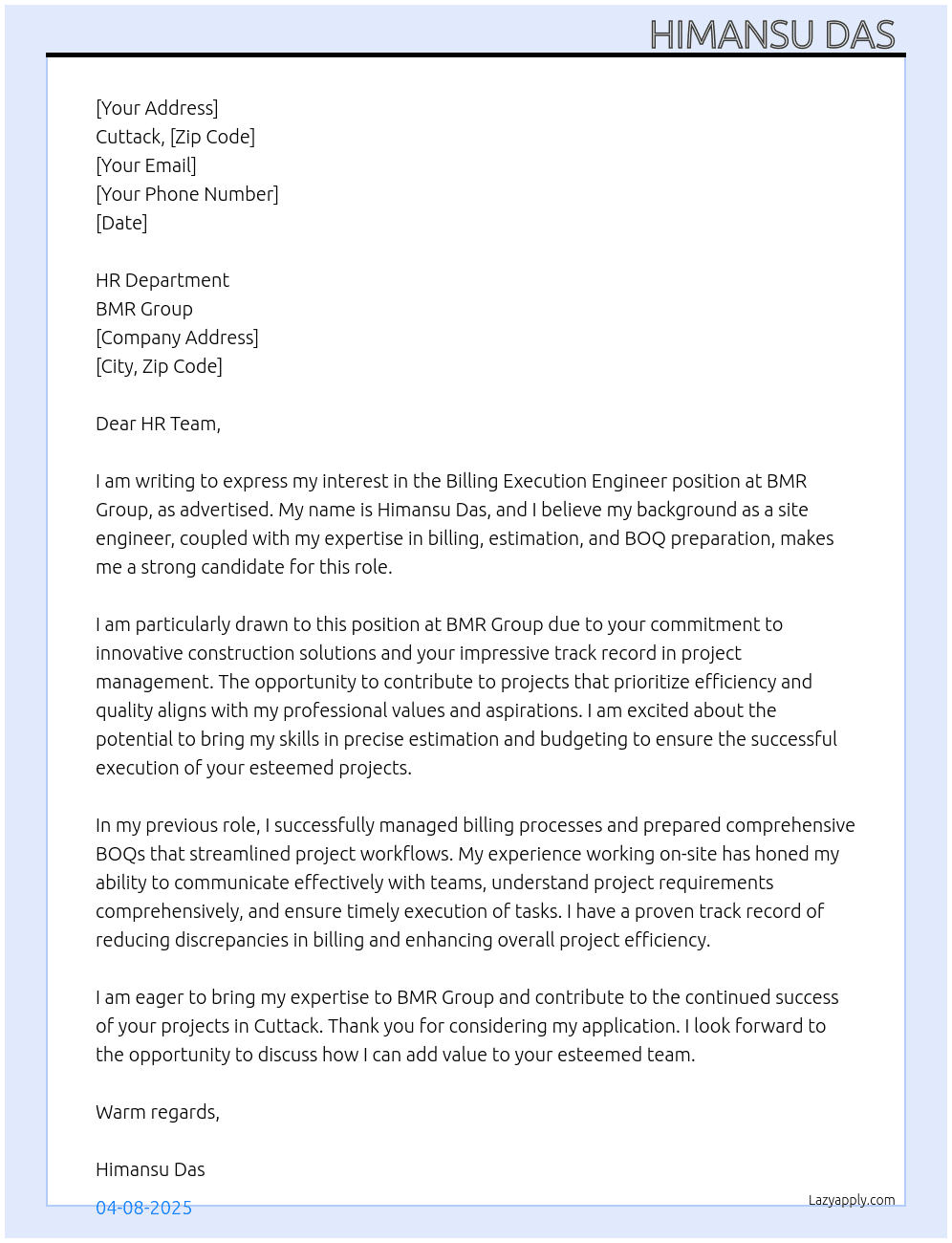 Billing Execution Engineer  At BMR Group  Cover Letter