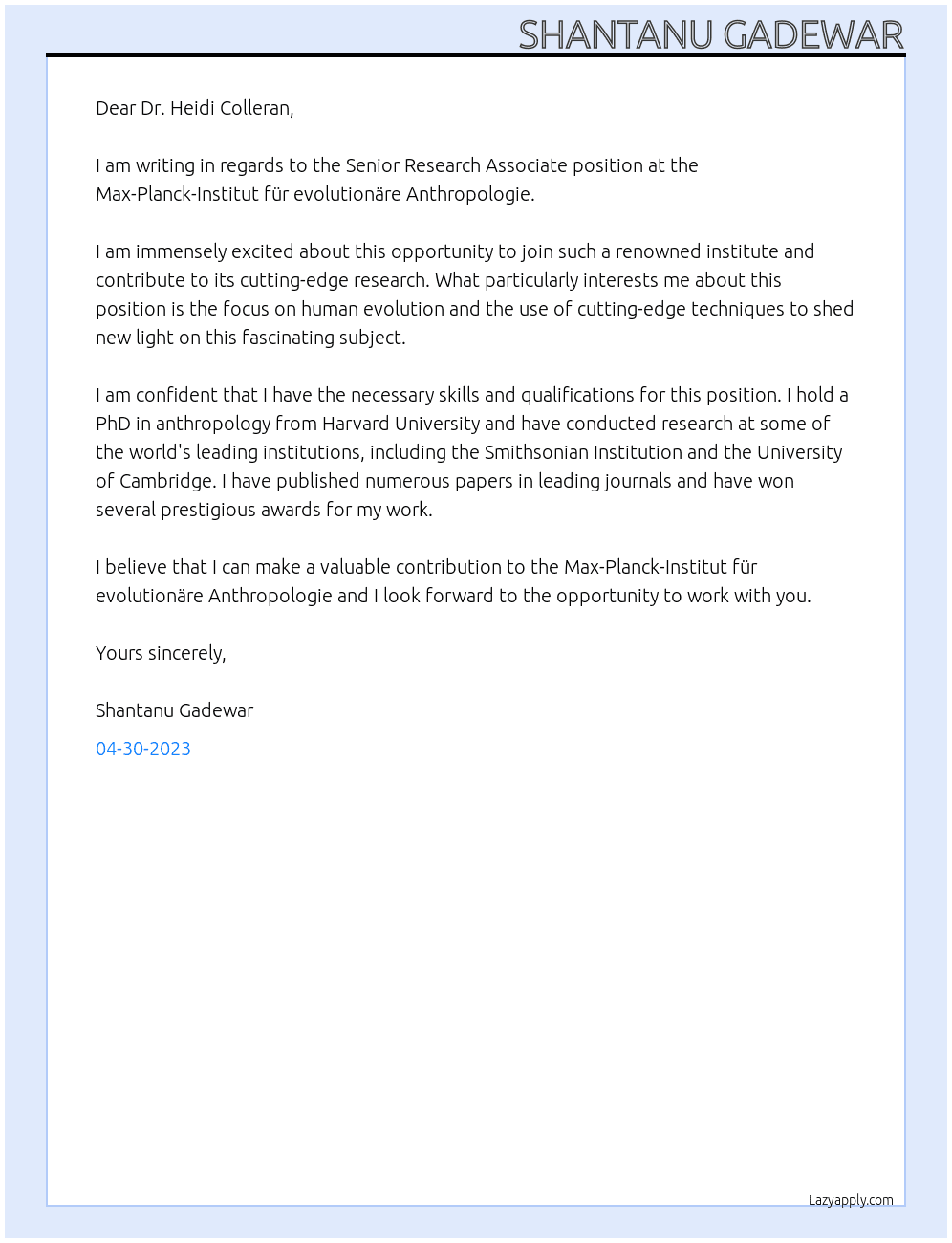 Senior Research Associate At Max-Planck-Institut für evolutionäre Anthropologie Cover Letter
