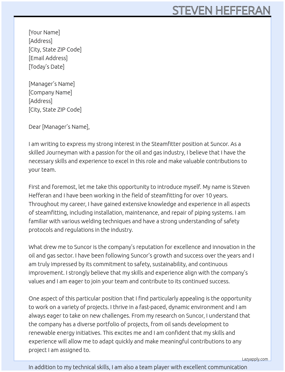 Steamfitter At Suncor Cover Letter