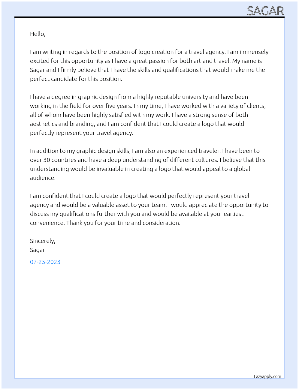 Logo Creation for Travel Agency At sagar Cover Letter