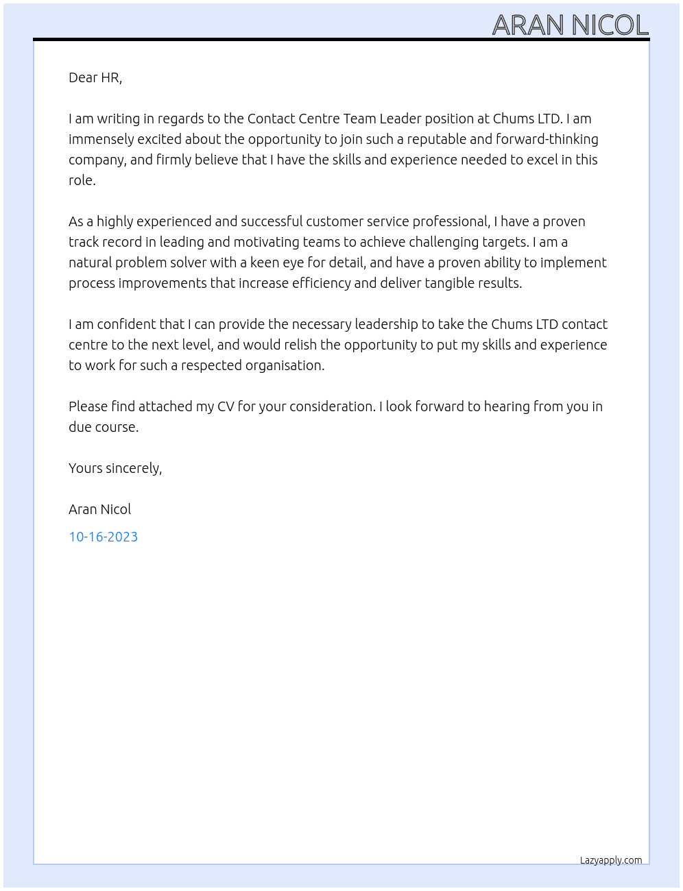 Contact Centre Team Leader At Chums LTD Cover Letter
