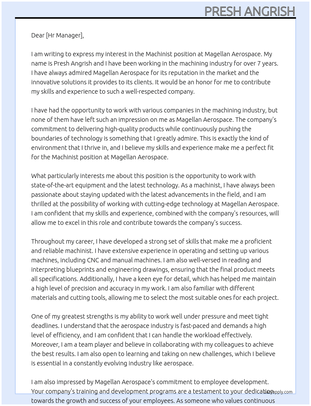 Machinist At Magellan Aerospace Cover Letter