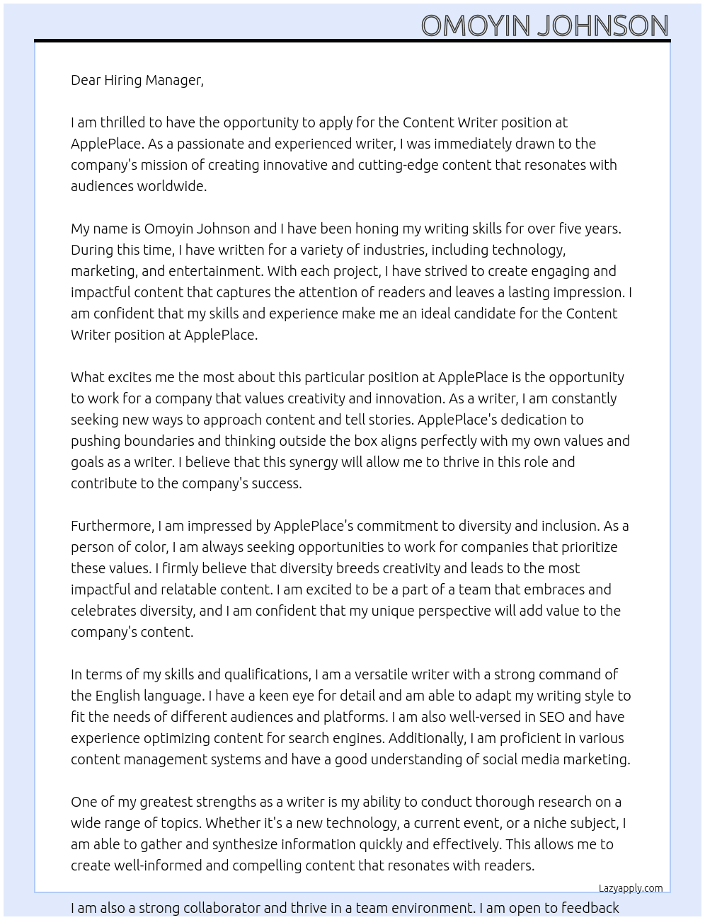 content writer  At ApplePlace Cover Letter