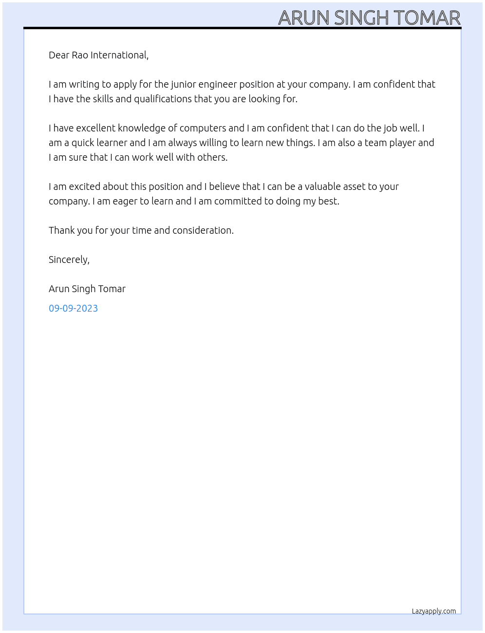 Junior engineer At Rao international Cover Letter