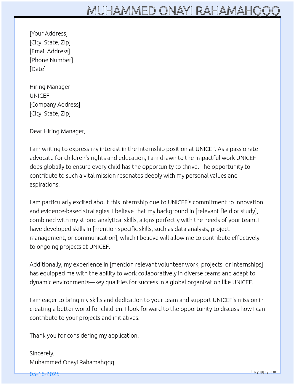 Cover letter for internship position - LazyApply