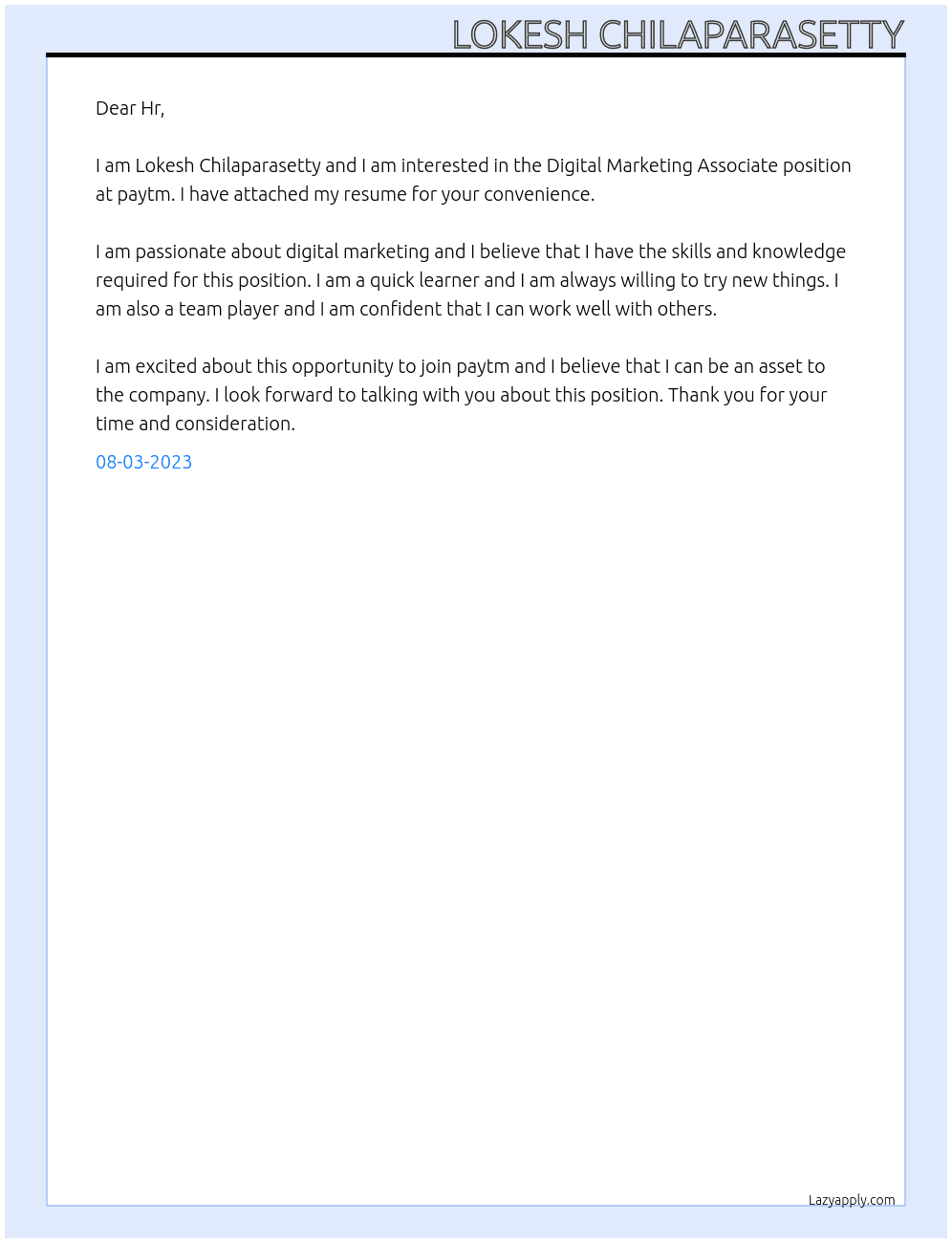 Digital Marketing Associate At paytm Cover Letter