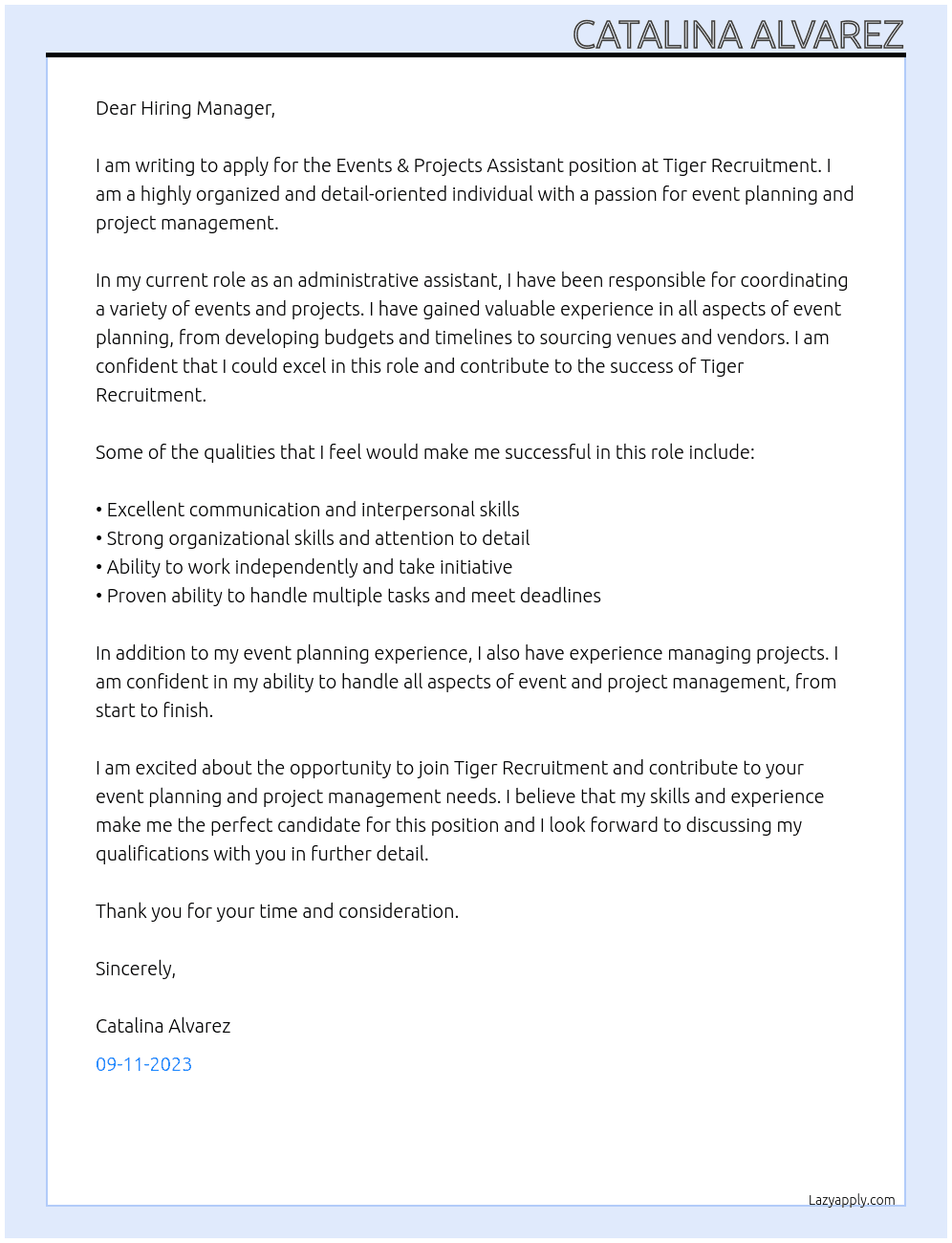 Events & Projects Assistant At Tiger Recruitment  Cover Letter