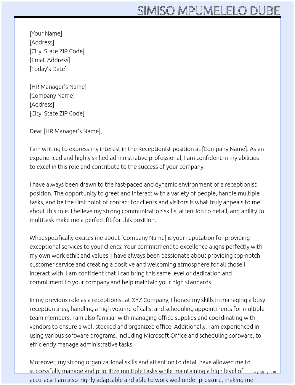 Receptionist  At Co. Cover Letter