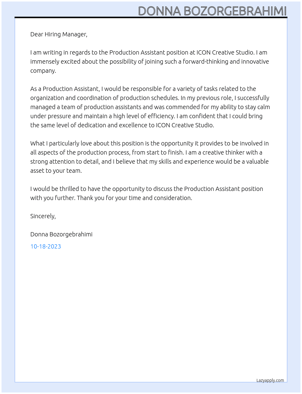 Production Assistant  At ICON Creative Studio Cover Letter