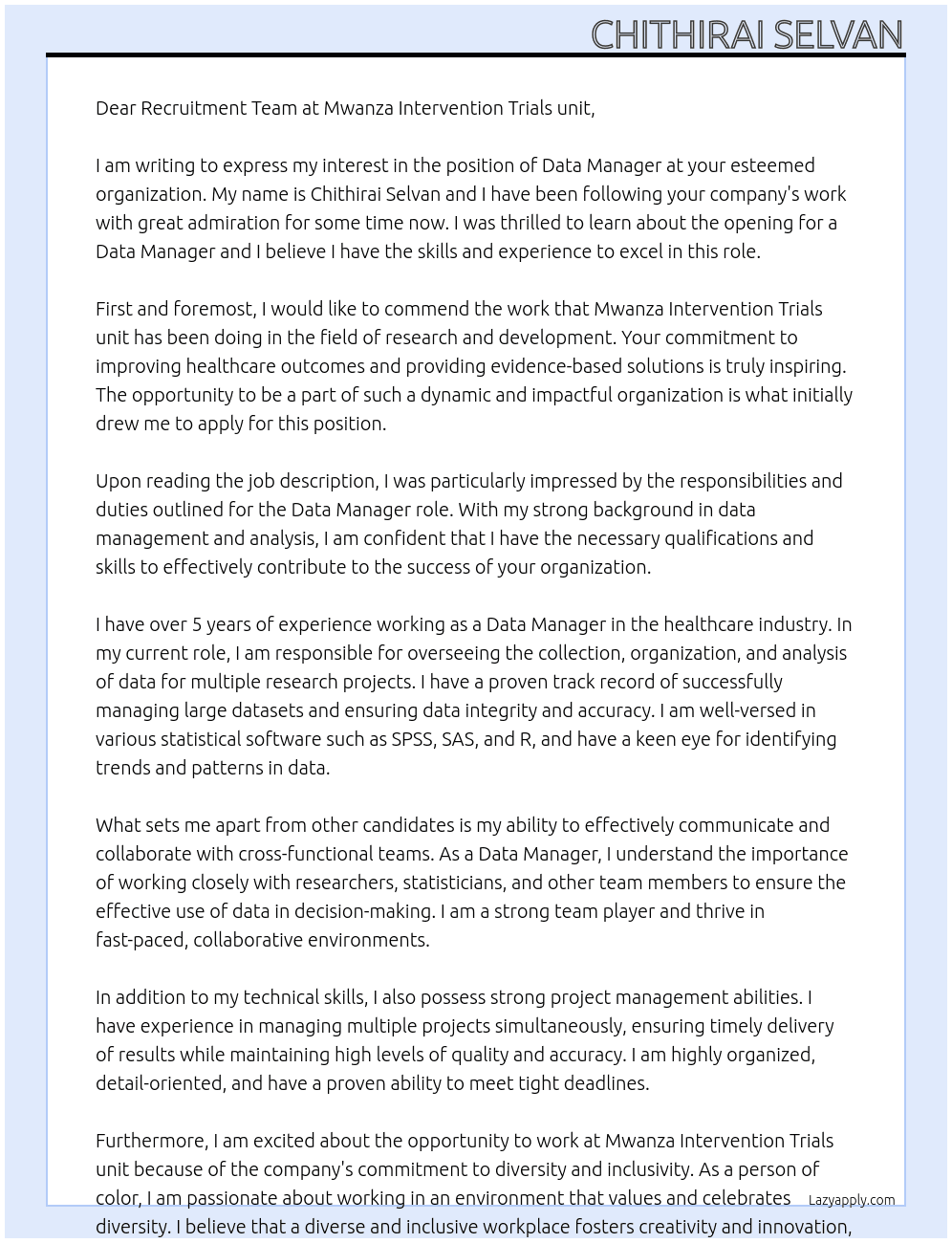 Data manager At Mwanza Intervention Trials unit Cover Letter