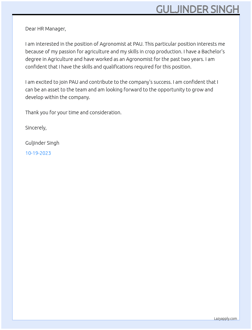AGRONOMIST At PAU Cover Letter