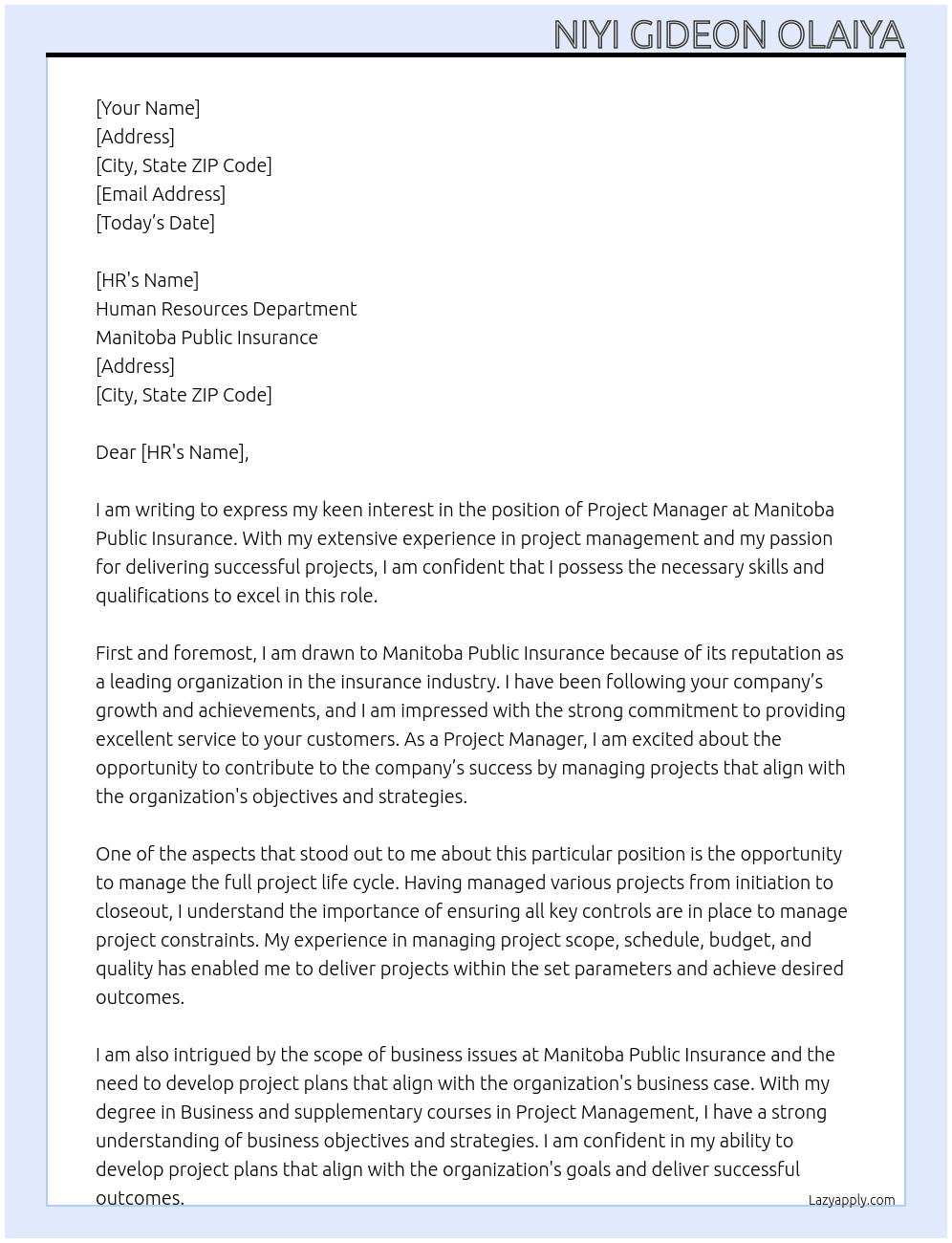 Project Manager At Manitoba Public Insurance Cover Letter