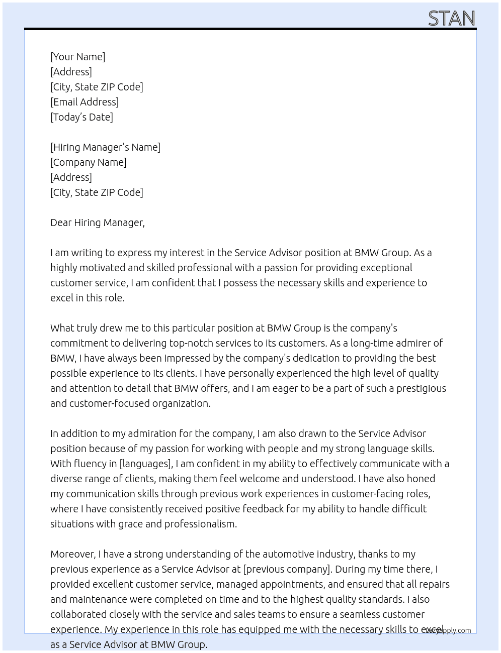 Service advisor At BMW Group Cover Letter