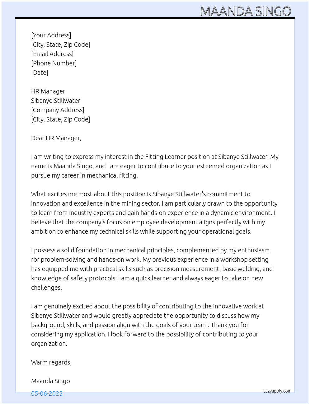 Cover letter for fitting learner - LazyApply