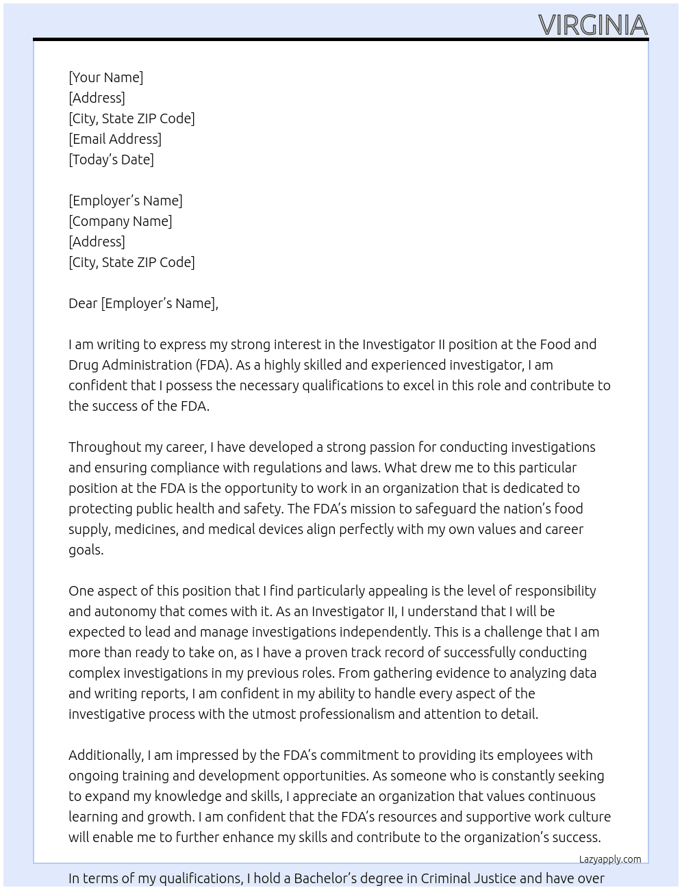 investigator II At fda Cover Letter
