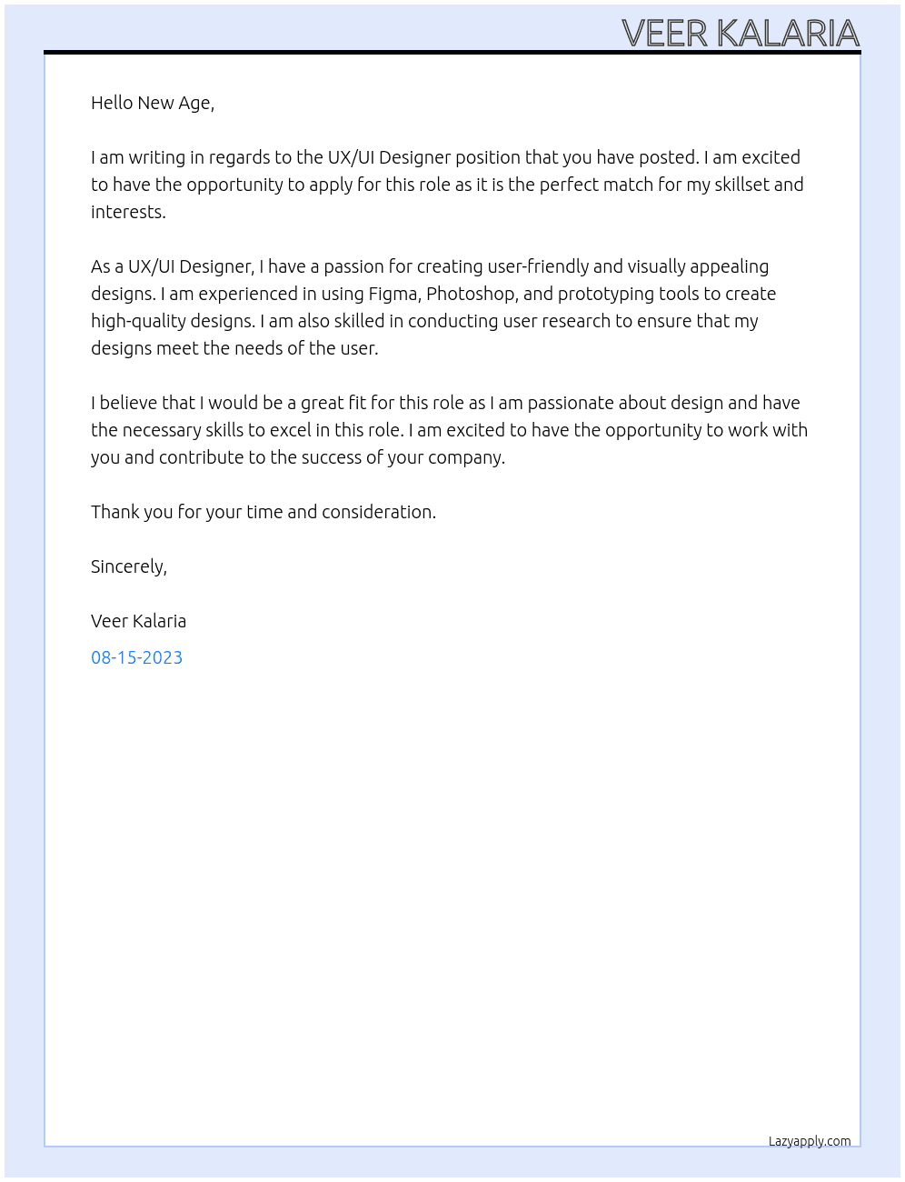 ux ui designer  At New Age Cover Letter