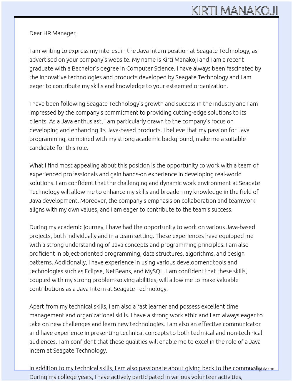 Java Intern At Seagate Technology Cover Letter