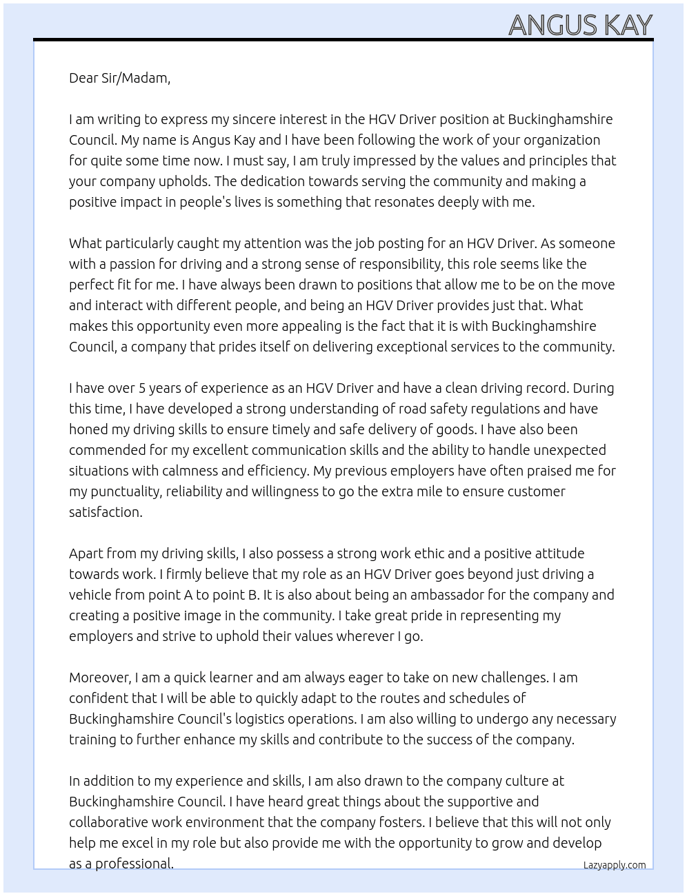 HGV Driver At Buckinghamshire Council Cover Letter