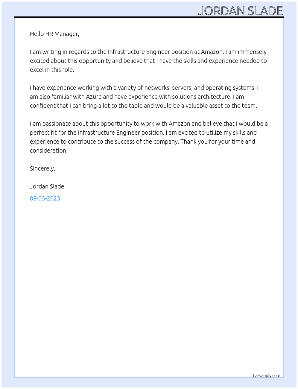 Infrastructure Engineer At Amazon Cover Letter