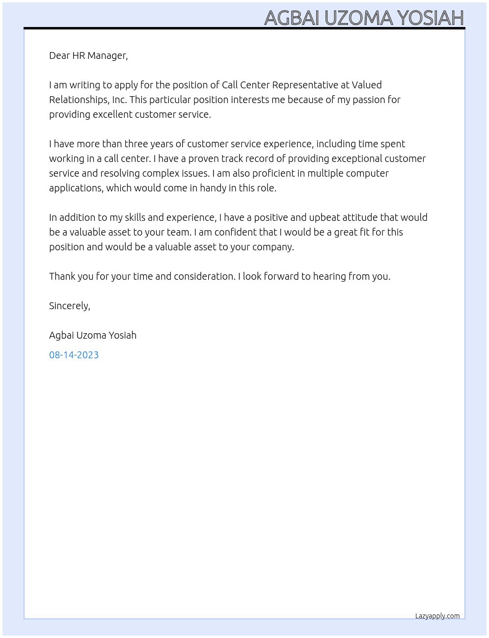 Call Center Representative At Valued Relationships, Inc. Cover Letter