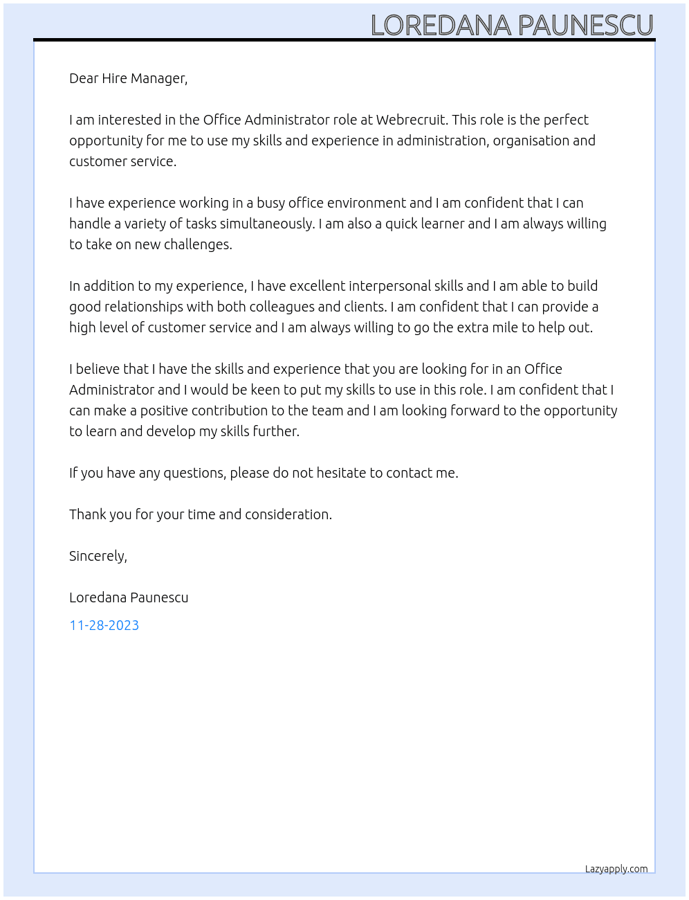 Office Administrator At Webrecruit Cover Letter