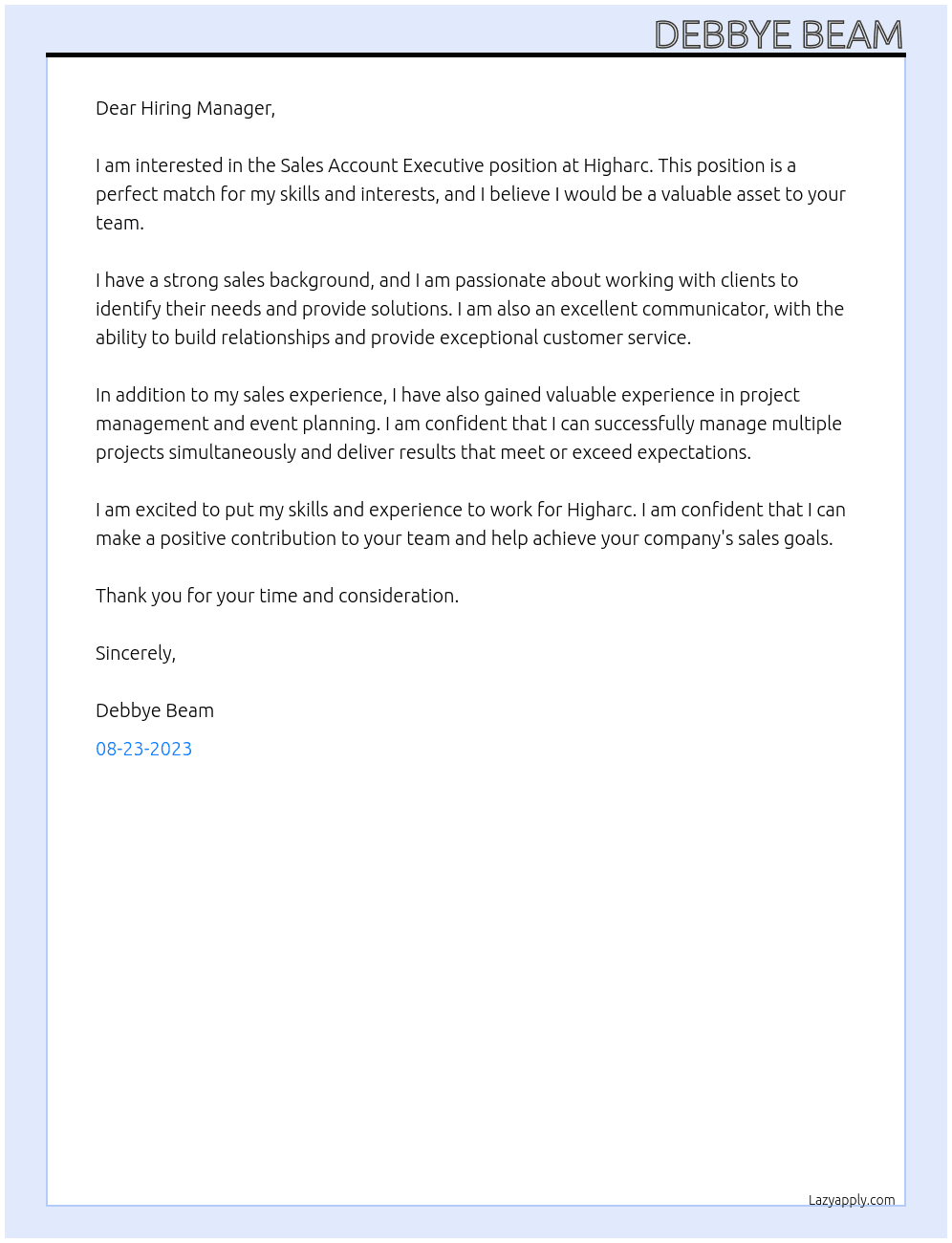 Sales Account Executive  At Higharc Cover Letter