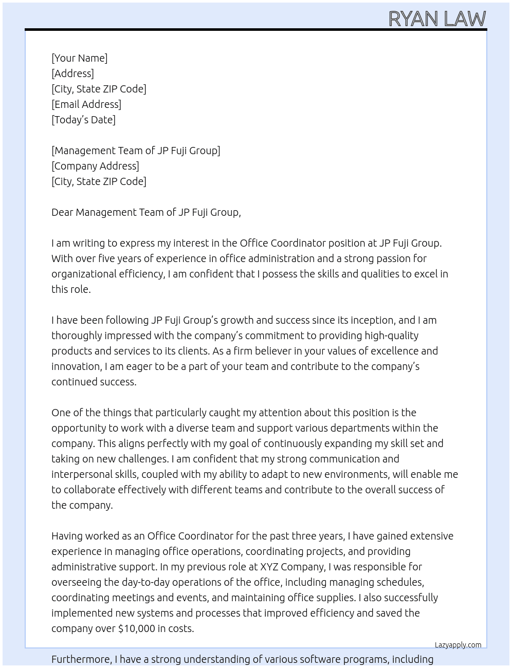 Office Coordinator At JP Fuji Group Cover Letter